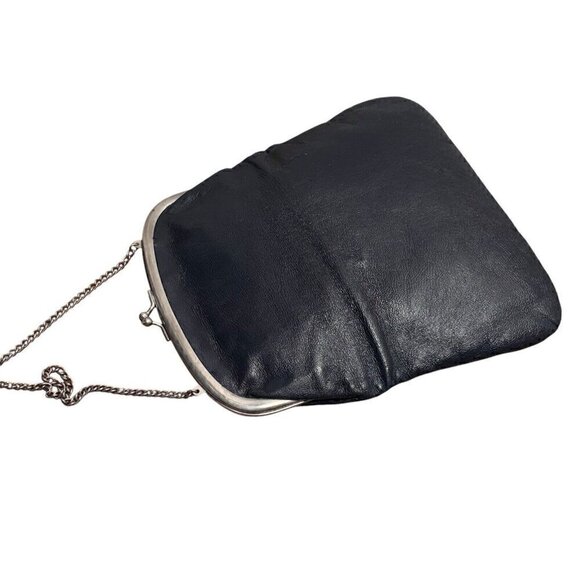 VTG 50s Navy Kiss Lock Snap Leather Hand Bag Purse Silvertone Chain Strap Women - Picture 5 of 9